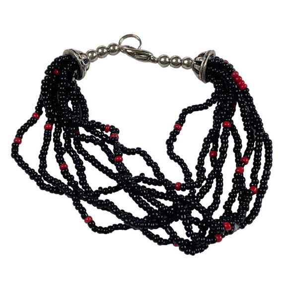 Seed Beaded Bracelet Black Red 8 Layers Lobster Clasp u - Picture 1 of 3
